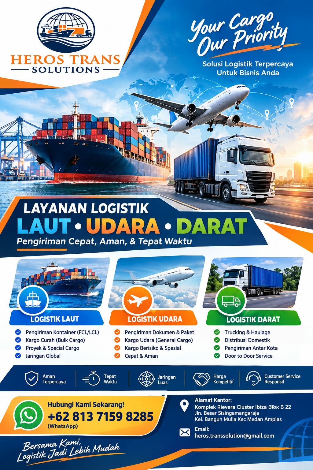 Brosur layanan Heros Trans Solutions: logistik laut, udara, dan darat